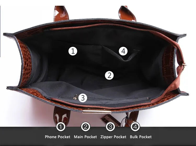 Luxury Vintage Women's Crocodile Pattern Handbag Large Capacity Tote Bag Leather Business Shoulder Bag For Female PlatiNum