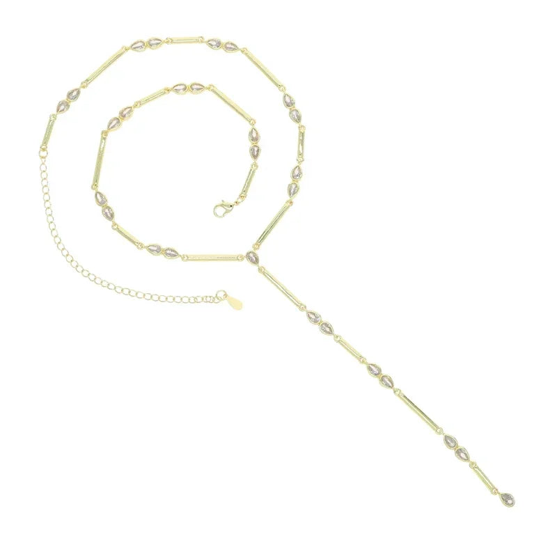 Nuovo speciale color oro Goccia d'acqua Bling Ovale CZ Collana girocollo Lariat Lunga barra a goccia a forma di Y Lunga nappa Gioielli da donna 2025