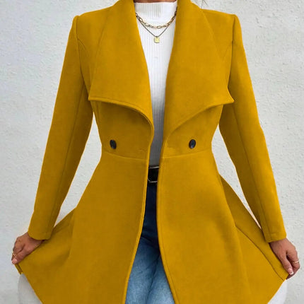 Women's Autumn Winter Yellow Woolen Coat Elegant Lapel Double Button Slim Fit Mid-Length Overcoat Casual Long Sleeve Outerwear F