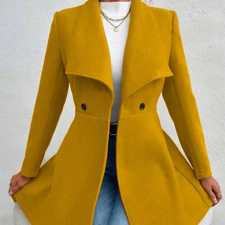Women's Autumn Winter Yellow Woolen Coat Elegant Lapel Double Button Slim Fit Mid-Length Overcoat Casual Long Sleeve Outerwear F