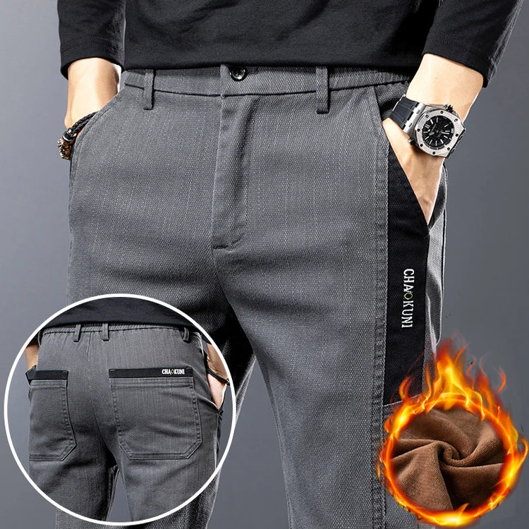 Winter New Men's Warm Slim Casual Pants Fleece Elasticity Embroidery Mid-waist Trousers Thicken Velvet Brand Straight Man Pants
