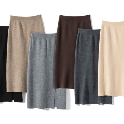 Women Pure Cashmere Long Skirts Spring Autumn Winter Straight Thick Skirts 100% Cashmere Knit Split Skirts PlatiNum
