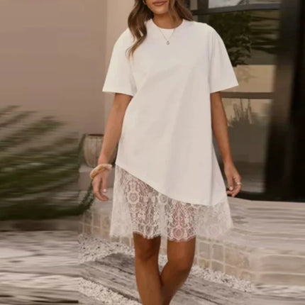 T-Shirt Dress with Lace and Asymmetrical Hem, Short Sleeves, Crew Neck, Casual and Comfortable Mini Dress, Summer Fashion 2026 Streetwear