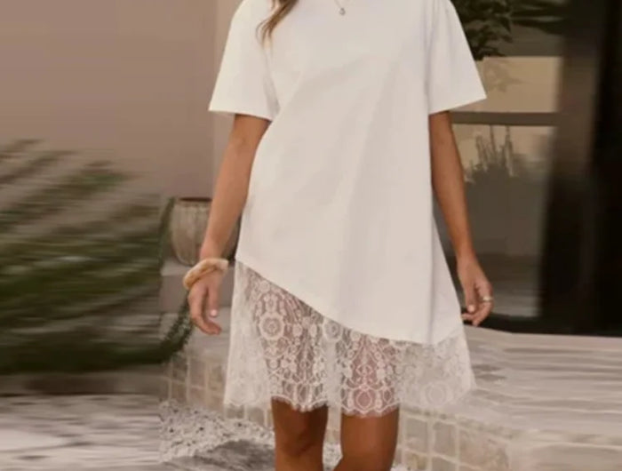 T-Shirt Dress with Lace and Asymmetrical Hem, Short Sleeves, Crew Neck, Casual and Comfortable Mini Dress, Summer Fashion 2026 Streetwear