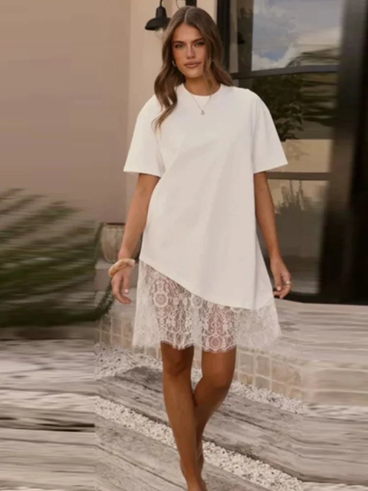 Abito T-Shirt con Pizzo e Orlo Asimmetrico, Maniche Corte, Girocollo, Vestito Mini Casual e Comodo,
