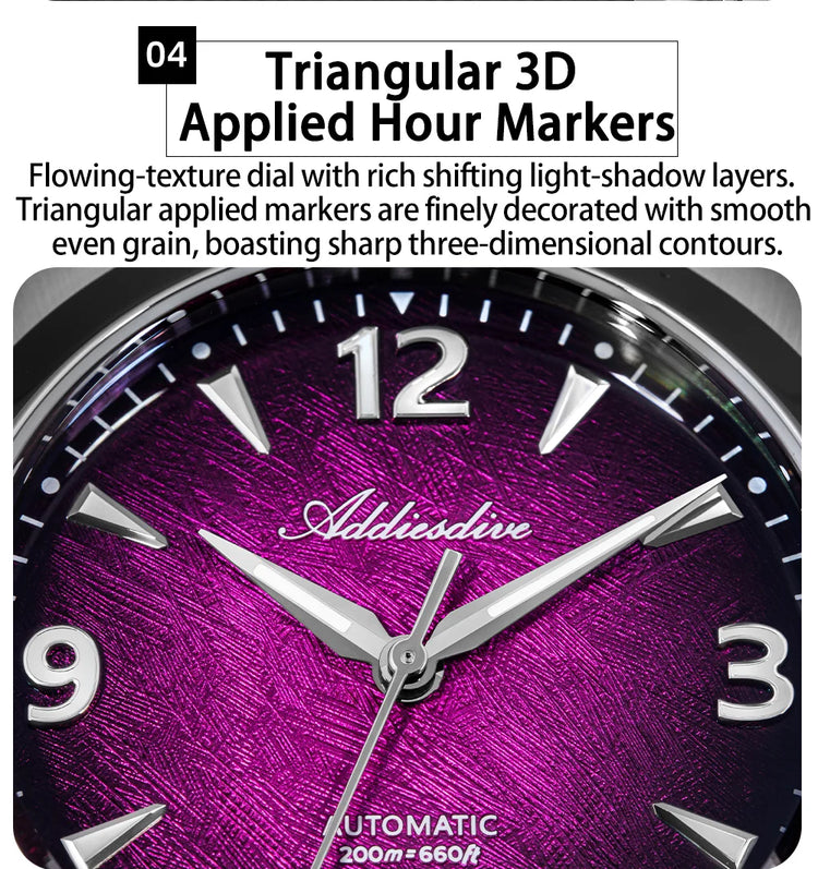ADDIESDIVE Watch Sapphire New AD2560 Men Automatic Watches 8215 Mechanical Purple Dial Luminous Waterproof 200m Dive Wristwatch