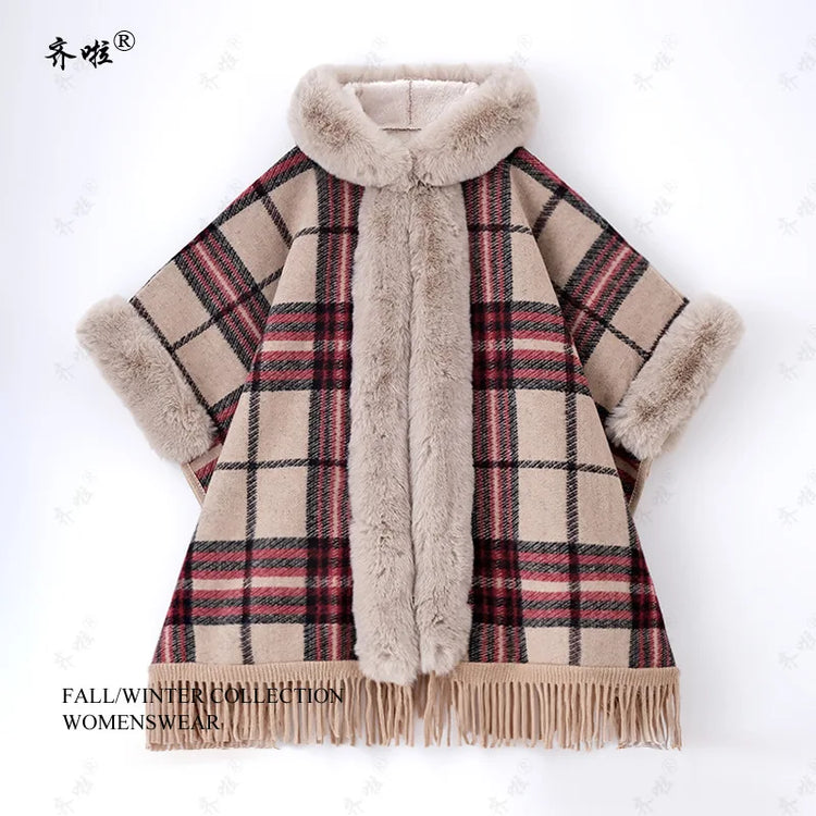 Faux Rabbit Fur Capes Coats Women Plaid Poncho Jackets Tassel Hooded Batwing Sleeves Open Stitch Loose Casual 2025 Autumn Winter