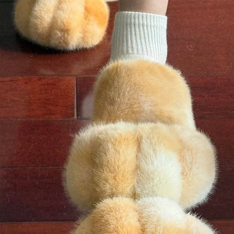 Women Kawaii Furry Cat Paw Slippers, Imitation Fur Fluffy Plush Warm Home Shoes, Comfort Flat Heel Cute Cat Slippers for Bedroom Indoor Daily Wear