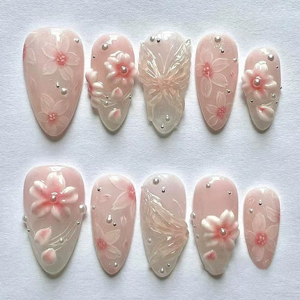 24pcs Pink Flower Almond Press on Nails Kawaii False Nails Wearable Stick-on Nails Fake Nail Uñas Postizas Накладные Ногти 네일팁2028