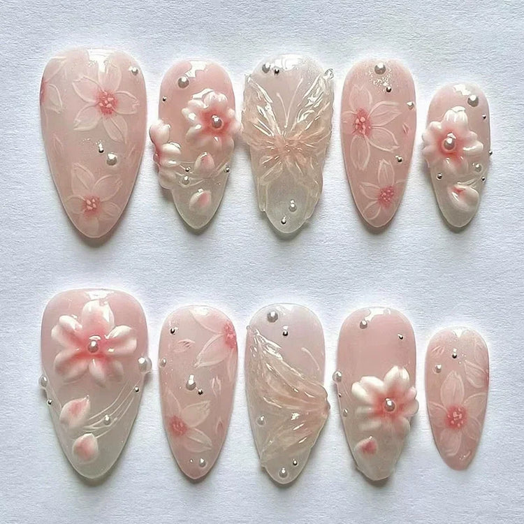 24pcs Pink Flower Almond Press on Nails Kawaii False Nails Wearable Stick-on Nails Fake Nail Uñas Postizas Накладные Ногти 네일팁2028