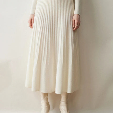 New Arrivals Women Cashmere A-line Skirt Elastic Waist Pleated Skirt 100% Cashmere Knitted Autumn Winter Thin Office Lady Dress PlatiNum