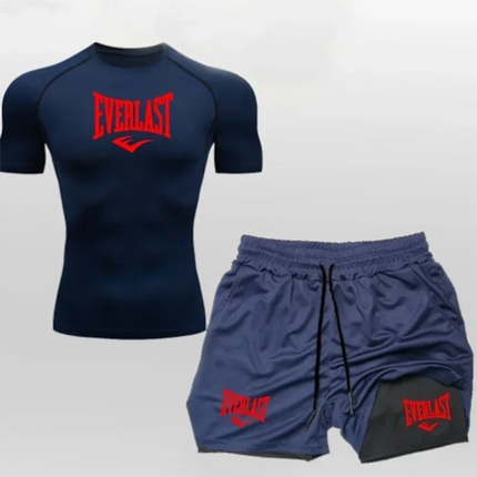 EVERLAST Camicia da Compressione da Uomo + Pantaloncini Sportivi 2 in 1 Set da 2 Pezzi per Il Tempo Libero Respiro Manica Corta Sport Jogging Palestra Marchio di Abbigliamento Stampa platinumshop