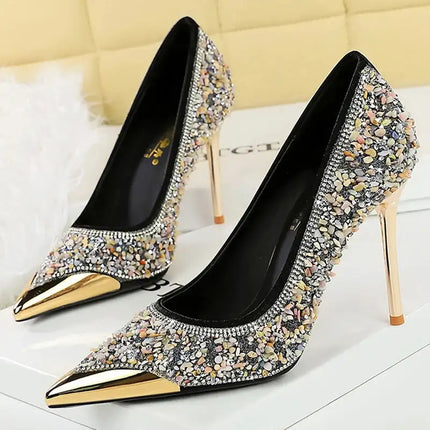 BIGTREE Scarpe Tomaia per scarpe con strass Décolleté da donna Tacchi a spillo 9,5 cm Punta a punta in metallo Tacchi alti Décolleté in cristallo di lusso Lady platinumshop