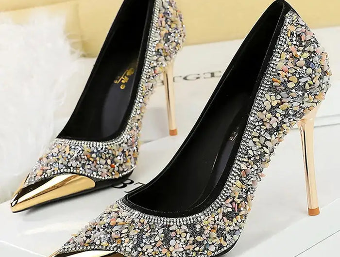 BIGTREE Scarpe Tomaia per scarpe con strass Décolleté da donna Tacchi a spillo 9,5 cm Punta a punta in metallo Tacchi alti Décolleté in cristallo di lusso Lady platinumshop