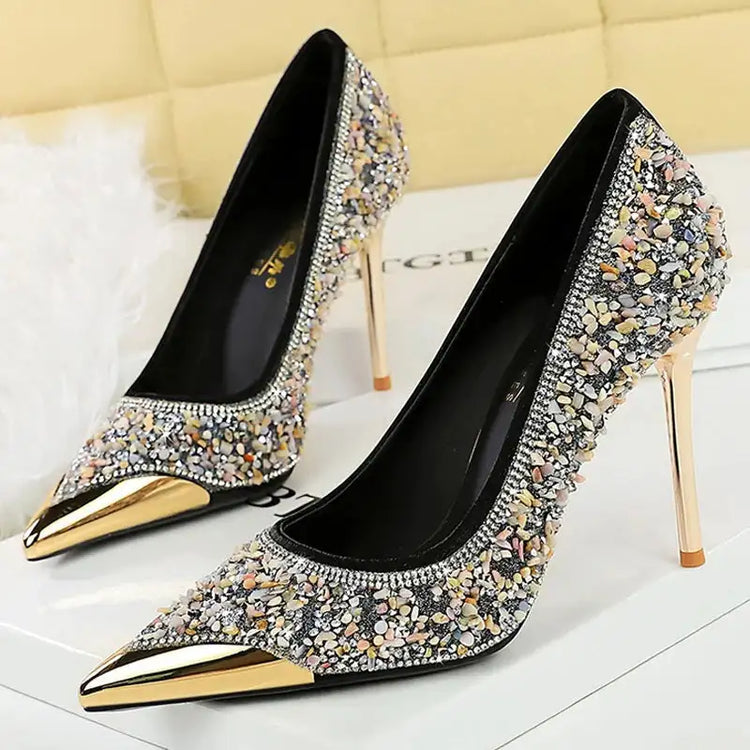 BIGTREE Scarpe Tomaia per scarpe con strass Décolleté da donna Tacchi a spillo 9,5 cm Punta a punta in metallo Tacchi alti Décolleté in cristallo di lusso Lady platinumshop