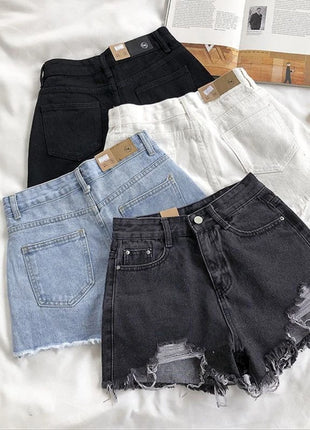 Pantaloncini di jeans coreani Donna Moda estiva Casual Jeans strappati a vita alta Tasca nappa Y2K Pantaloni caldi Streetwear Pantaloni blu - platinumshop