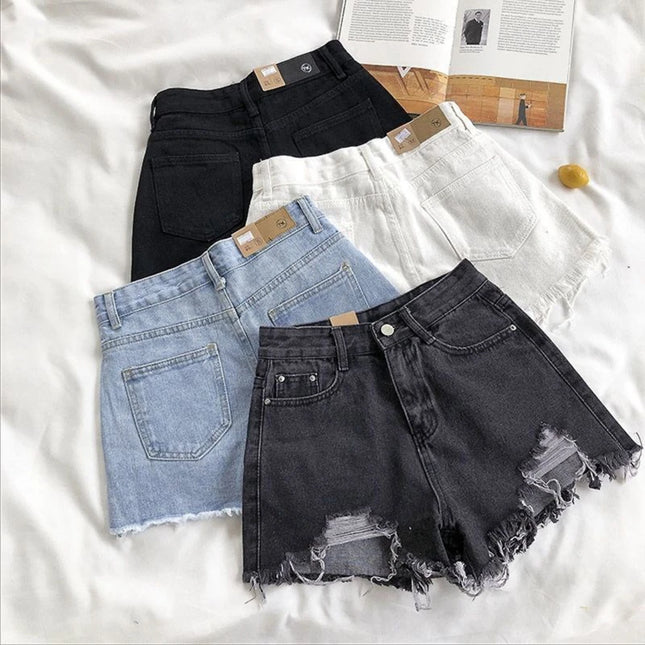 Pantaloncini di jeans coreani Donna Moda estiva Casual Jeans strappati a vita alta Tasca nappa Y2K Pantaloni caldi Streetwear Pantaloni blu - platinumshop