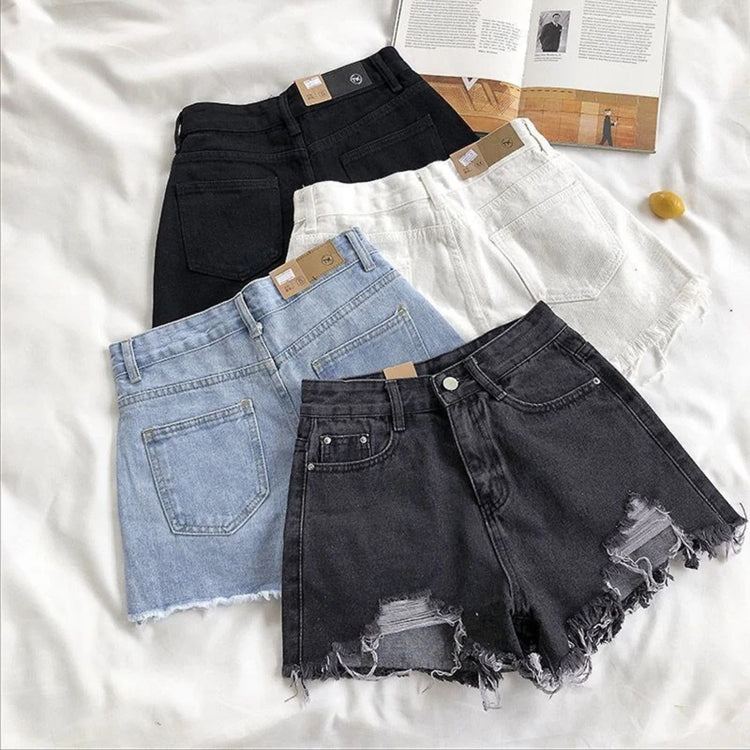 Pantaloncini di jeans coreani Donna Moda estiva Casual Jeans strappati a vita alta Tasca nappa Y2K Pantaloni caldi Streetwear Pantaloni blu - platinumshop