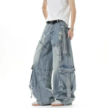 IEFB Jeans da uomo stile americano tinta unita multi tasche pantaloni casual usurati decostruzione pantaloni in denim a gamba larga 9W4066