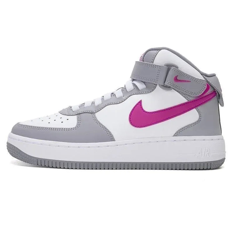 Nike Air Force 1 Mid EasyOn Comfort Versatile GS Strap High Top Casual Shoe Cement Grey Hot Pink Unisex FN1193-003