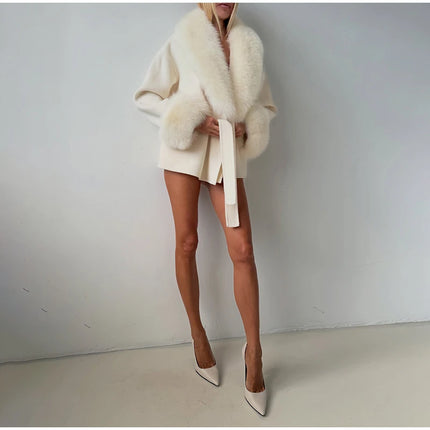 Women Faux Wool Short Coat Faux Fur Collar Cuffs Patchwork Lace-Up Coats Elegant Loose Luxury Ladies Autumn Winter Outerwear