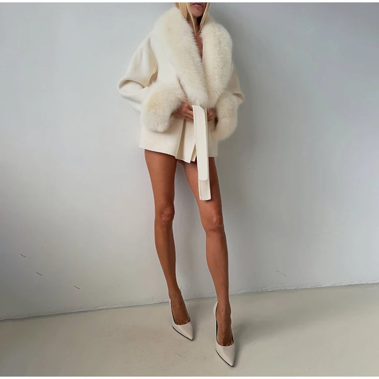 Women Faux Wool Short Coat Faux Fur Collar Cuffs Patchwork Lace-Up Coats Elegant Loose Luxury Ladies Autumn Winter Outerwear