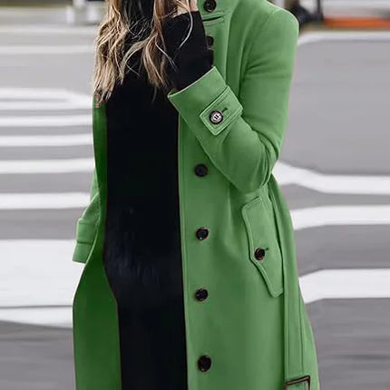 New Solid Color Button Long Wool Coat Autumn Warm Stand Collar Women Coat Fashion Ladies High Neck Pocket Belt Trench Coat