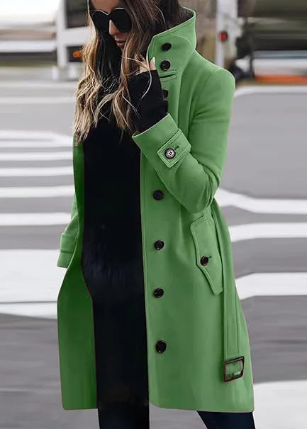 New Solid Color Button Long Wool Coat Autumn Warm Stand Collar Women Coat Fashion Ladies High Neck Pocket Belt Trench Coat