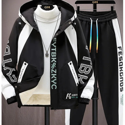 Winter Warm Hooded patchwork Jacket+Pant 2-piece Set Men Set Sports Suit Fleece Thickened Sportswear Casual Men Tracksuit