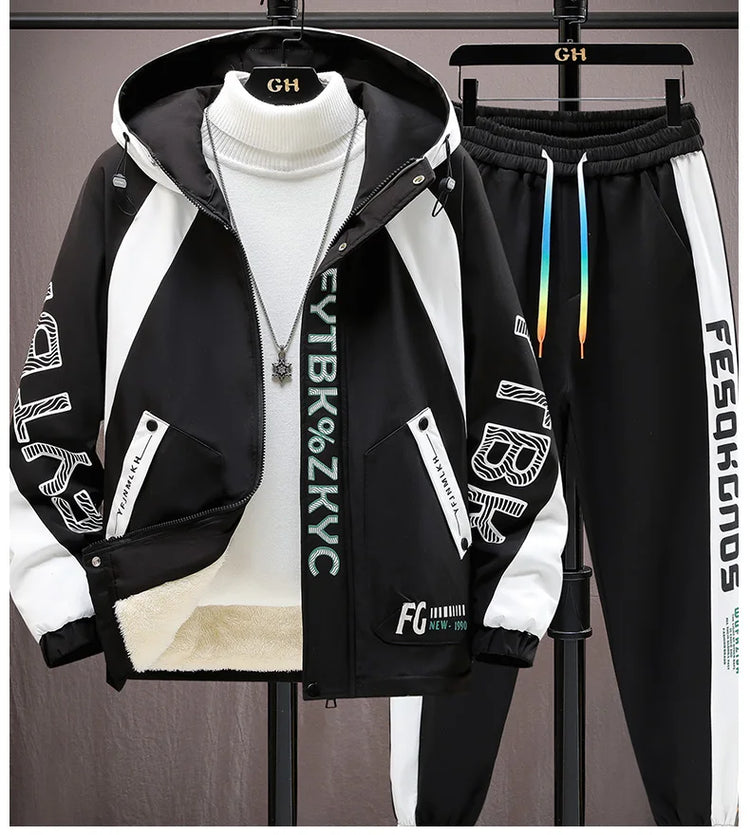 Winter Warm Hooded patchwork Jacket+Pant 2-piece Set Men Set Sports Suit Fleece Thickened Sportswear Casual Men Tracksuit