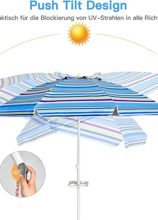 Ombrellone da spiaggia da 200 cm, con portabevande, ombrellone da giardino, antivento, UPF 50+, 30 °   Protezione solare pieghevole con punta a terra