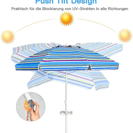 Ombrellone da spiaggia da 200 cm, con portabevande, ombrellone da giardino, antivento, UPF 50+, 30 °   Protezione solare pieghevole con punta a terra