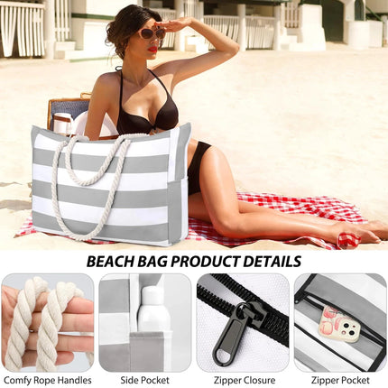 Borsa esterna a righe con cerniera per viaggi e vacanze all'aperto, in tela impermeabile e resistente alla sabbia, comoda borsa da spiaggia pieghevole