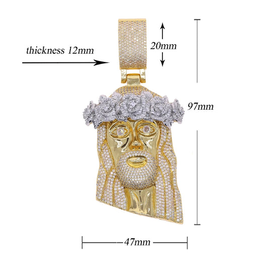 Collana con ciondolo testa di Gesù con fiore rosa ghiacciato Colore bicolore CZ Zircone Fede Fascino Uomo Donna Gioielli Hip Hop Fashion Rock