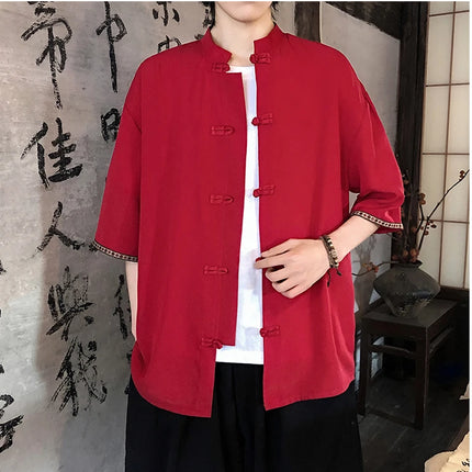 Camicie retrò da uomo, estive, eleganti, larghe, casual, leggere, sottili, traspiranti, in stile cinese, vintage, con calligrafia tradizionale.