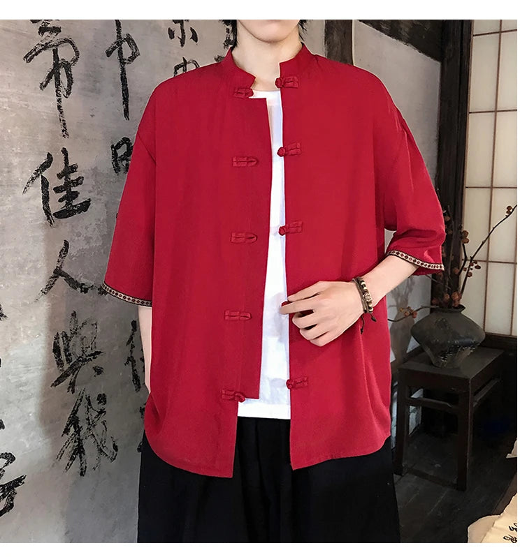 Camicie retrò da uomo, estive, eleganti, larghe, casual, leggere, sottili, traspiranti, in stile cinese, vintage, con calligrafia tradizionale.