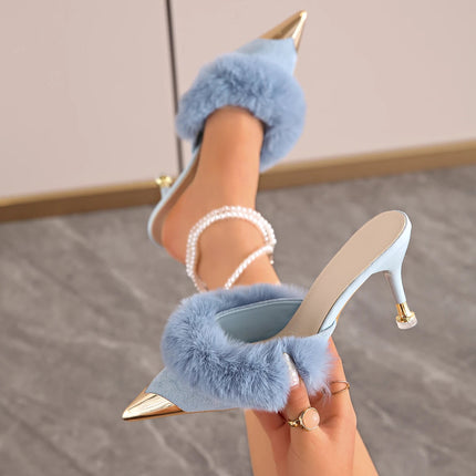 Summer Women Super High Heel Sandals Furry Faux Fur Slip-on Gold Shoes Woman Sexy Pointy Toe Sandals Big Size Zapatos De Mujer PlatiNum