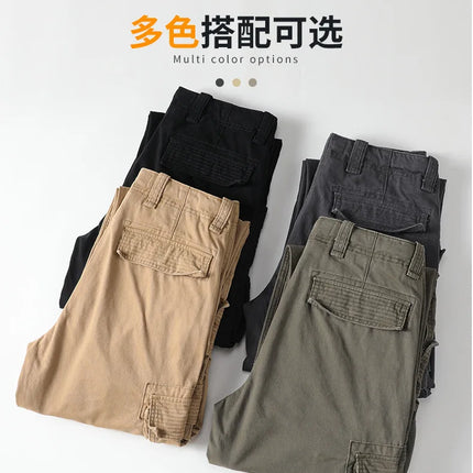 American Style Men's Heavyweight Cotton Cargo Pants Multi-Pocket Casual Loose Straight-Leg Work Trousers Outdoor Jogger Pants