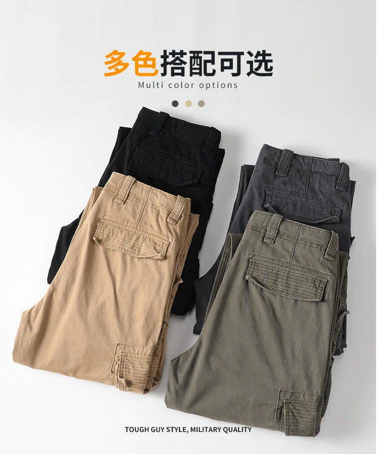 American Style Men's Heavyweight Cotton Cargo Pants Multi-Pocket Casual Loose Straight-Leg Work Trousers Outdoor Jogger Pants