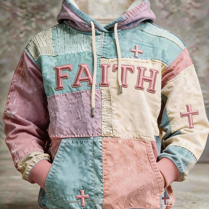 Mens Multi Color Patchwork Hoodie Soft Lined Raised Embroidery Slogan Small Cross Accent Minimal Casual Sweat Top