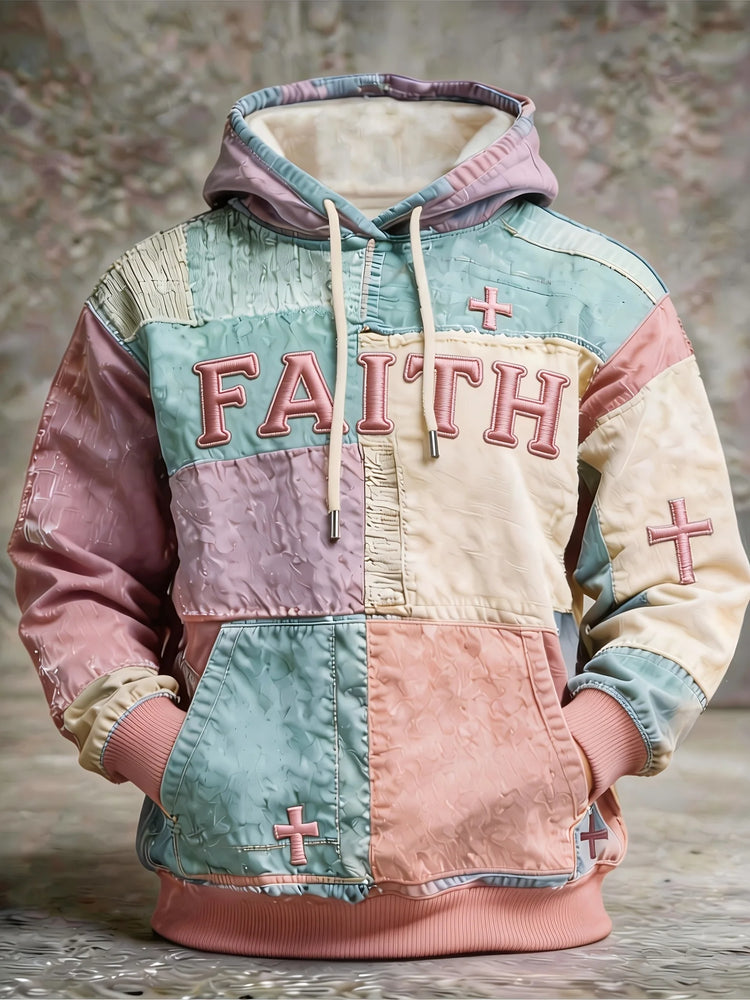 Mens Multi Color Patchwork Hoodie Soft Lined Raised Embroidery Slogan Small Cross Accent Minimal Casual Sweat Top