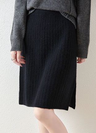Autumn Winter Women Wool Skirt Elastic Waist Mini Slim Fit Cashmere Skirts 100% Merino Wool Knitted Office Lady Above Knee Dress PlatiNum