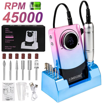 LIMEGIRL Portable Electric Nail Drill File 45000 RPM Rechargeable Electric Nail File Machine Kit for Acrylic Gel Nails Polishing Removing