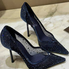 Scarpe col tacco alto a punta tempestate di diamanti in maglia blu con scarpe di cristallo con tacchi fini, nuove scarpe singole in pizzo scavato con tacco sottile platinumshop