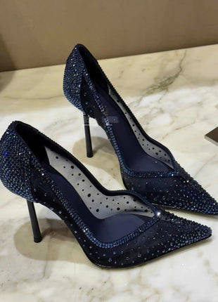 Scarpe col tacco alto a punta tempestate di diamanti in maglia blu con scarpe di cristallo con tacchi fini, nuove scarpe singole in pizzo scavato con tacco sottile platinumshop