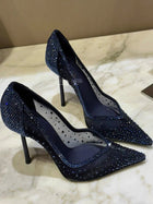 Scarpe col tacco alto a punta tempestate di diamanti in maglia blu con scarpe di cristallo con tacchi fini, nuove scarpe singole in pizzo scavato con tacco sottile platinumshop