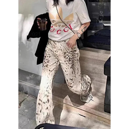 Jeans dritti a gamba larga con stampa leopardata Jeans retrò a vita alta da donna Streetwear Pantaloni vintage Y2k Pantaloni in denim da strada