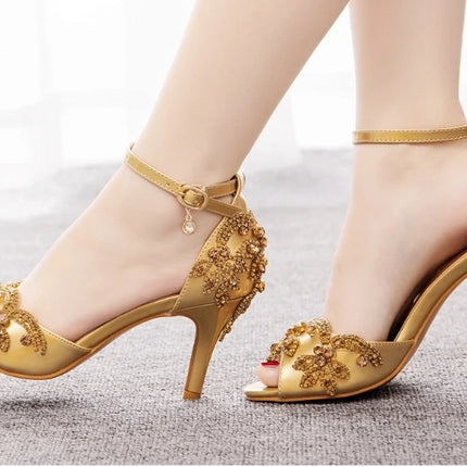 Sandalias de mujer de calidad femenina con diamantes de imitación de PU, tacón delgado de 7 cm, correa de hebilla, zapatos de vestir de estilo coreano para mujer, azul cielo maduro