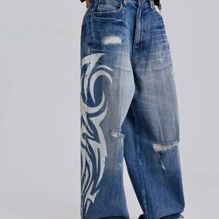 Jeans Vintage Y2k Strappati Deeptown per Donna, Pantaloni in Denim Blu Larghi con Stampa Harajuku, Stile Hip Hop Grunge Streetwear