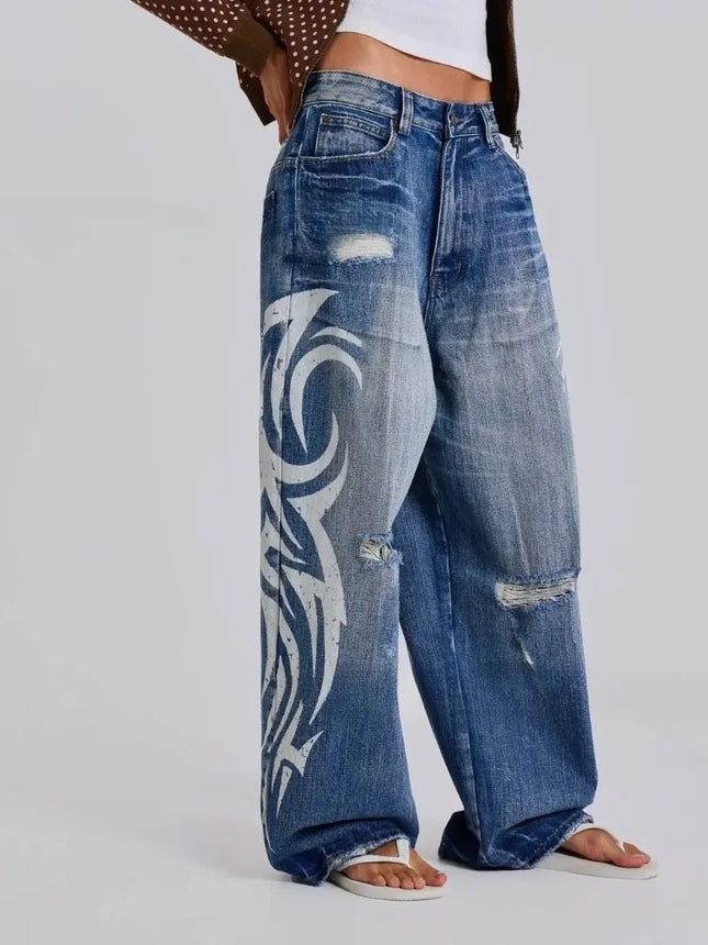 Deeptown Women's Vintage Y2K Ripped Jeans, Harajuku Print Wide Leg Blue Denim Pants, Hip Hop Grunge Streetwear Style
